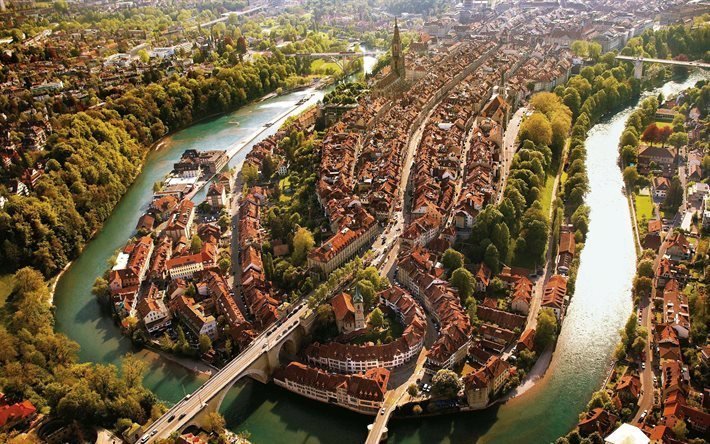 Bern, river, bridge, view from above, Switzerland