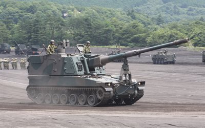 Type 99, Japanese howitzer, 4k, Japan, 155mm self-propelled howitzer, Japanese Army, modern armored vehicles