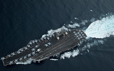 USS Theodore Roosevelt, CVN-71, top view, American aircraft carrier, aircraft carrier deck, military aircraft, US Navy, ocean