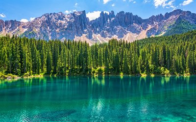 Karersee Lake, 4k, summer, mountains, beautiful nature, Dolomites, Italy, italian nature, Europe