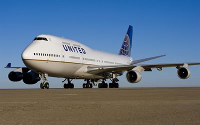 Boeing 747, avi&#227;o de passageiros, avi&#227;o comercial, United Airlines, viagem a&#233;rea, avi&#227;o no aeroporto, Boeing