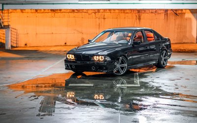 E39, BMW M5, 4k, stance, tuning, parking, BMW 5-series, black e39, BMW