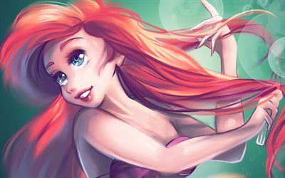 Ariel, 4k, 3D-animasyon, sanat, K&#252;&#231;&#252;k Denizkızı