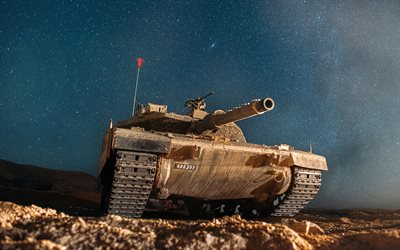 Merkava, starry sky, Israeli MBT, modern armored vehicles, night, Merkava-4, Israeli Army, Israel Defense Forces, Israel, tanks, Israeli main battle tank, tank shot moment
