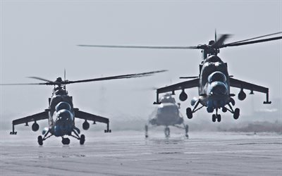 Mi-24, Russian Air Force, two helicopters, russian military helicopter, Hind, Mil Mi-24, aerodrome, Mil Helicopters, Russian Army