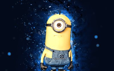 Kevin, 4k, n&#233;ons bleus, Kevin the Minion, Minions The Rise of Gru, fan art, Despicable Me, Minions, Kevin Minions