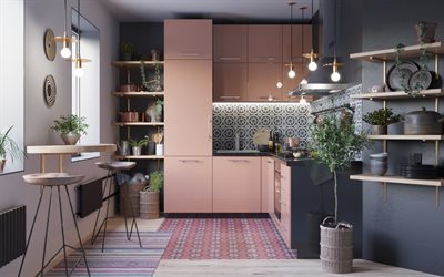 design elegante della cucina, stile scandinavo, mobili da cucina rosa, interni moderni, cucina, progetto di cucina, idea di cucina, stile scandinavo in cucina