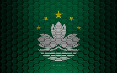 Macau flag, 3d hexagons texture, Macau, 3d texture, Macau 3d flag, metal texture, flag of Macau