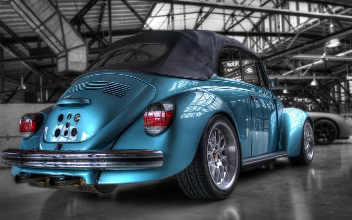 Volkswagen Beetle, 4k, retro otomobil, HDR, mavi beetle