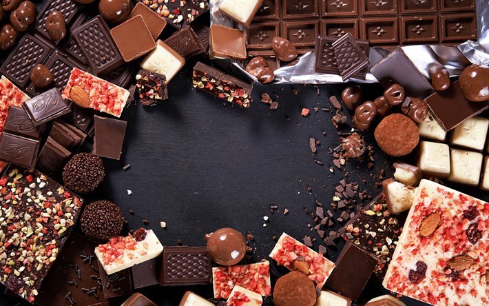 chocolate candy, chocolate frame, sweets, chocolate, different candies