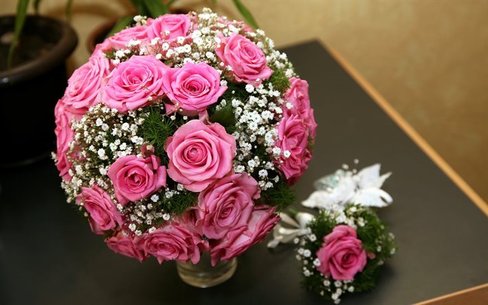 バラ, 結婚式の花束, ピンク色のバラ, バラのお花のブーケ, ピンクの花