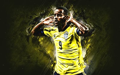 Alexander Isak, Sweden national football team, Swedish footballer, portrait, yellow stone background, football, Sweden