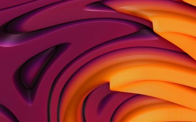 violetti ja oranssi 3D-aallot, 4k, luova, abstrakti taide, geometriset muodot, abstraktit 3D-aallot, 3D-taide, tausta aalloilla