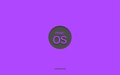 MacOS lila logotyp, 4k, minimalistisk, lila bakgrund, mac, OS, macOS logotyp, macOS emblem