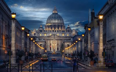 Pyh&#228;n Pietarin basilika, Vatikaani, ilta, auringonlasku, Rooma, katu, maamerkki, Italia