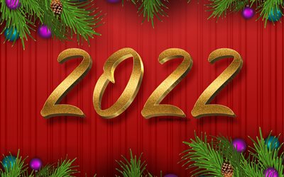 2022 kultainen glitter numeroa, 4k, Hyv&#228;&#228; Uutta Vuotta 2022, punainen puinen taustat, 2022 konseptit, 3d-taide, 2022 uusi vuosi, 2022 punaisella pohjalla, 2022 vuosiluku, 2022 kultaiset 3D-numerot