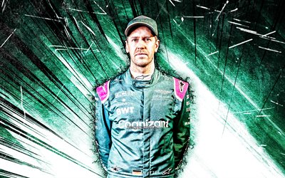 Sebastian Vettel, grunge art, 4k, Aston Martin F1 Team, german racing drivers, Formula 1, F1 2021, green abstract rays, Sebastian Vettel Aston Martin, Sebastian Vettel 4K