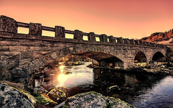 nascer do sol, ponte de pedra, rio, Noruega