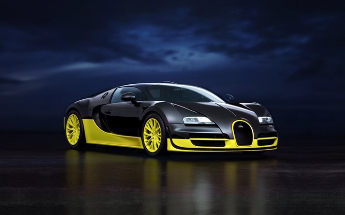 Bugatti Veyron, Super Sport, black and yellow Veyron, hypercar, sports cars, Bugatti