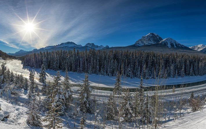winter, mountains, snow, river, Banff National Park, Canada, Alberta, Bow Valley, Canadian Rockies