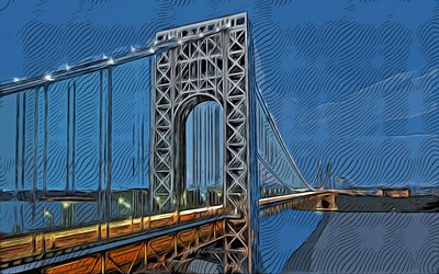 George Washington Bridge, 4k, vecteur de l&#39;art, George Washington Bridge dessin, art cr&#233;atif, George Washington Bridge art, dessin vectoriel, abstrait New York paysage urbain, New York dessin, &#233;tats-unis