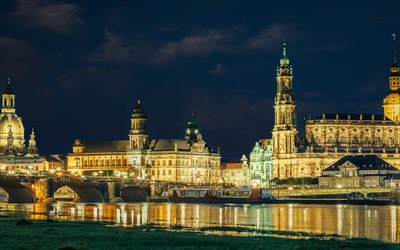 4k, Dresden, Altstadt, ilta, auringonlasku, Elbe-joki, Dresdenin kaupunkikuva, Saksi, Saksa
