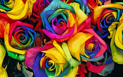 rosas coloridas, 4k, arte vetorial, resumo de rosas, lindas flores, desenho de rosas, desenhos de flores, criativo, resumo de flores, resumo de rosas coloridas