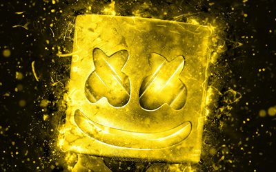 Marshmello, 4k, yellow neon lights, Christopher Comstock, american DJ, superstars, DJ Marshmello, yellow abstract background, DJs, Abstract Marshmello, music stars, Marshmello 4K
