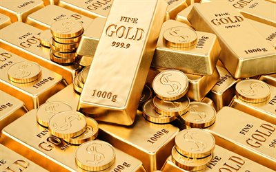 gold bars, 4k, gold coins, wealth concepts, gold, money, bank, background with gold