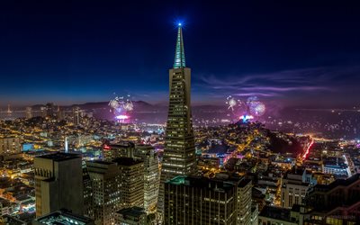 San Francisco, fireworks, Transamerica Pyramid, skyscrapers, night, celebration, Transamerica Tower, California, San Francisco panorama, USA