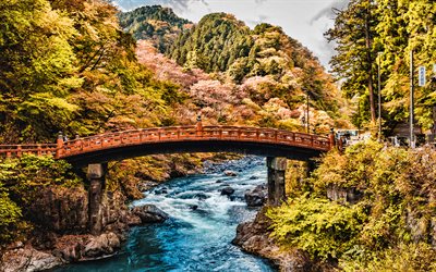 Nikko Daiya River, Shinkyo Bridge, h&#246;st, vacker natur, Japan, Asien, japansk natur, HDR
