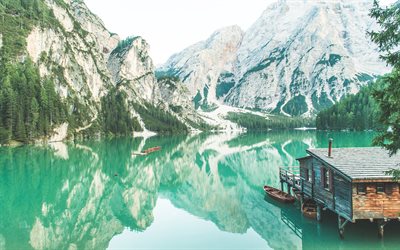 Dolomites, emerald lake, mountain lake, glacial lake, mountain landscape, Hochpustertal, South Tyrol, Italy