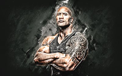 Dwayne Johnson, The Rock, american actor, american wrestler, portrait, creative art, gray stone background
