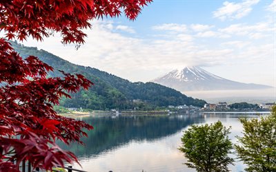 O Monte Fuji, Jap&#227;o, vulc&#227;o, Fujiyama, paisagem de montanha, primavera, floresta, Honshu, &#193;sia
