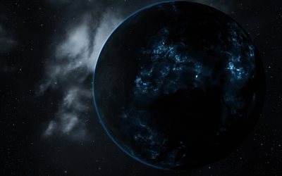 planet im weltraum, kunst, weltraumk&#246;rper, dunkler planet, sonnensystem, blaues licht