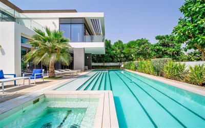 piscina luxuosa, vivenda luxuosa, piscina perto da casa, palmeiras, ver&#227;o, piscina, Dubai, Emirados &#193;rabes Unidos