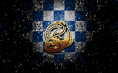 Mississauga Steelheads, glitter logo, OHL, blue white checkered background, hockey, canadian hockey team, Mississauga Steelheads logo, mosaic art, Canada