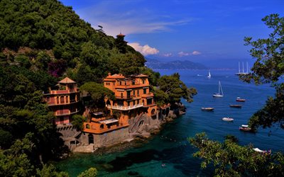 Portofino, Italian Riviera, summer, resort, Mediterranean sea, coast, Portofino panorama, Liguria, Italy