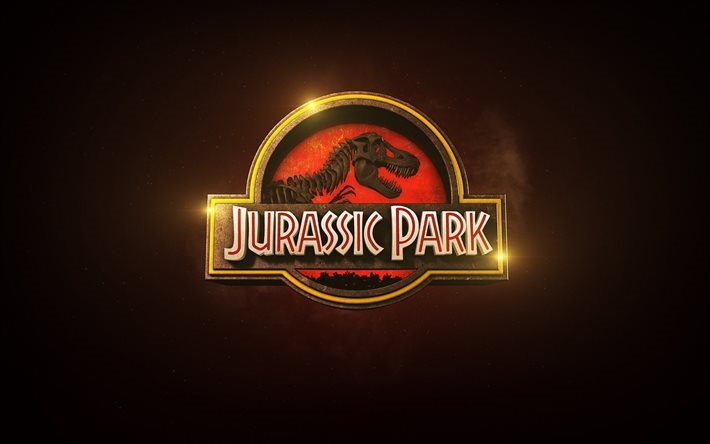 Jurassic Park, logo, brown background