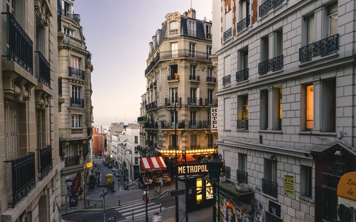 Pariisi, 4k, illalla kaupunki, arkkitehtuuri, taloja, Ranska