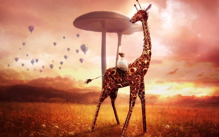 Giraffe, small girl, mushrooms