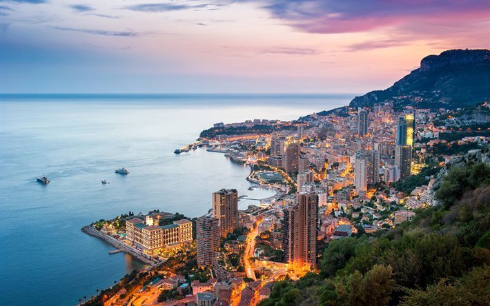 coucher de soleil, Monaco, Monte-Carlo, Mer M&#233;diterran&#233;e, la c&#244;te