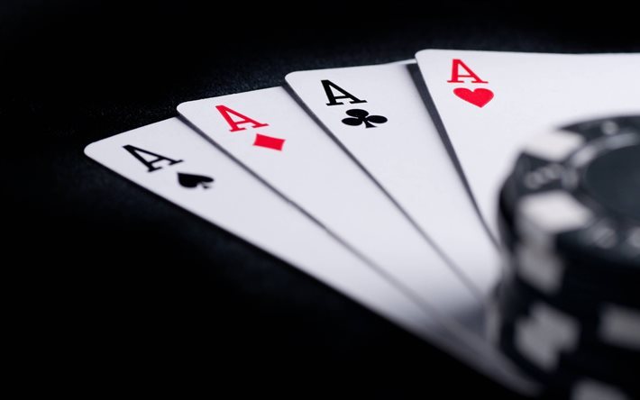 jogo de cartas, 4k, quadril&#225;teros aces, fichas de poker