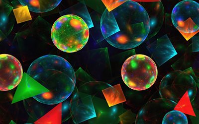 bulles de verre abstraites, 4k, œuvres d&#39;art, bulles de savon abstraites, cr&#233;atives, sph&#232;res de verre, arri&#232;re-plan avec des bulles