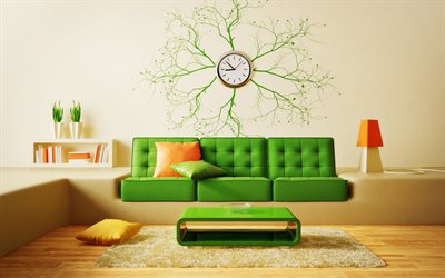 bej oturma odası, 4k, şık i&#231; mekan, bej ve yeşil i&#231; tasarım, yeşil kanepe, yaratıcı saat, oturma odası