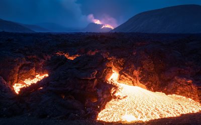 hei&#223;e lava, abend, vulkan, lava, vulkanausbruch, vulkanstaub, gefrorene lava