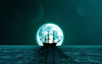 sailing ship silhouette, 4k, blue moon, sea, horizon, loneliness concepts, night landscape, sailing ship, moon