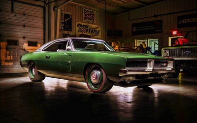 Dodge Charger RT, garage, retro cars, 1969 cars, muscle cars, 1969 Dodge Charger RT, american cars, Dodge