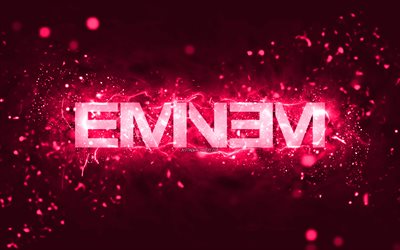 Eminem pink logo, 4k, american rapper, pink neon lights, creative, pink abstract background, Marshall Bruce Mathers III, Eminem logo, music stars, Eminem