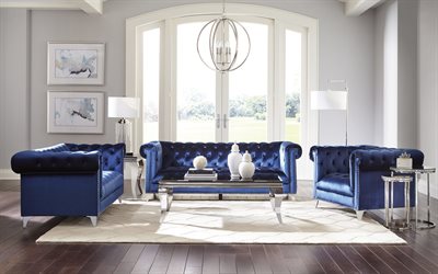 interior cl&#225;sico, sof&#225; cl&#225;sico azul, dise&#241;o elegante, ara&#241;a de metal redonda, idea de sala de estar, estilo interior cl&#225;sico